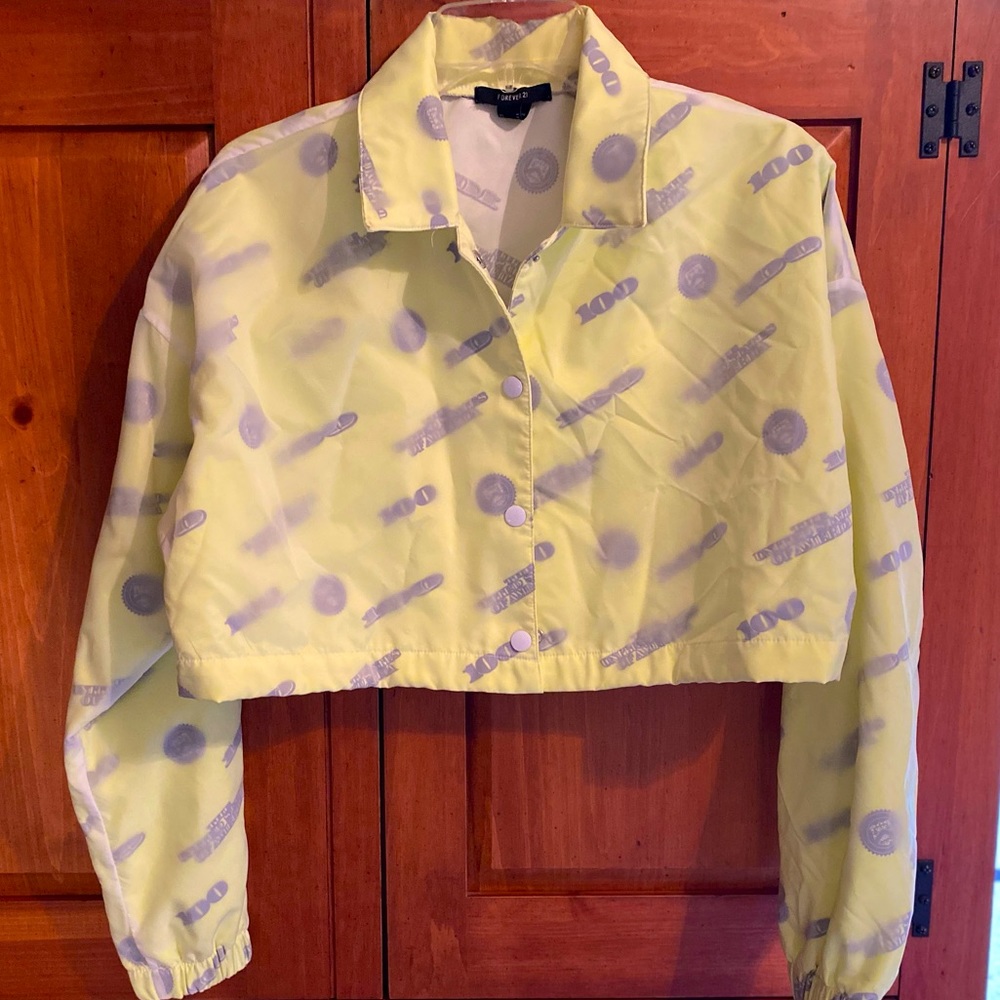 Forever 21 size small women’s cropped jacket. 100 dollar bill print. Neon